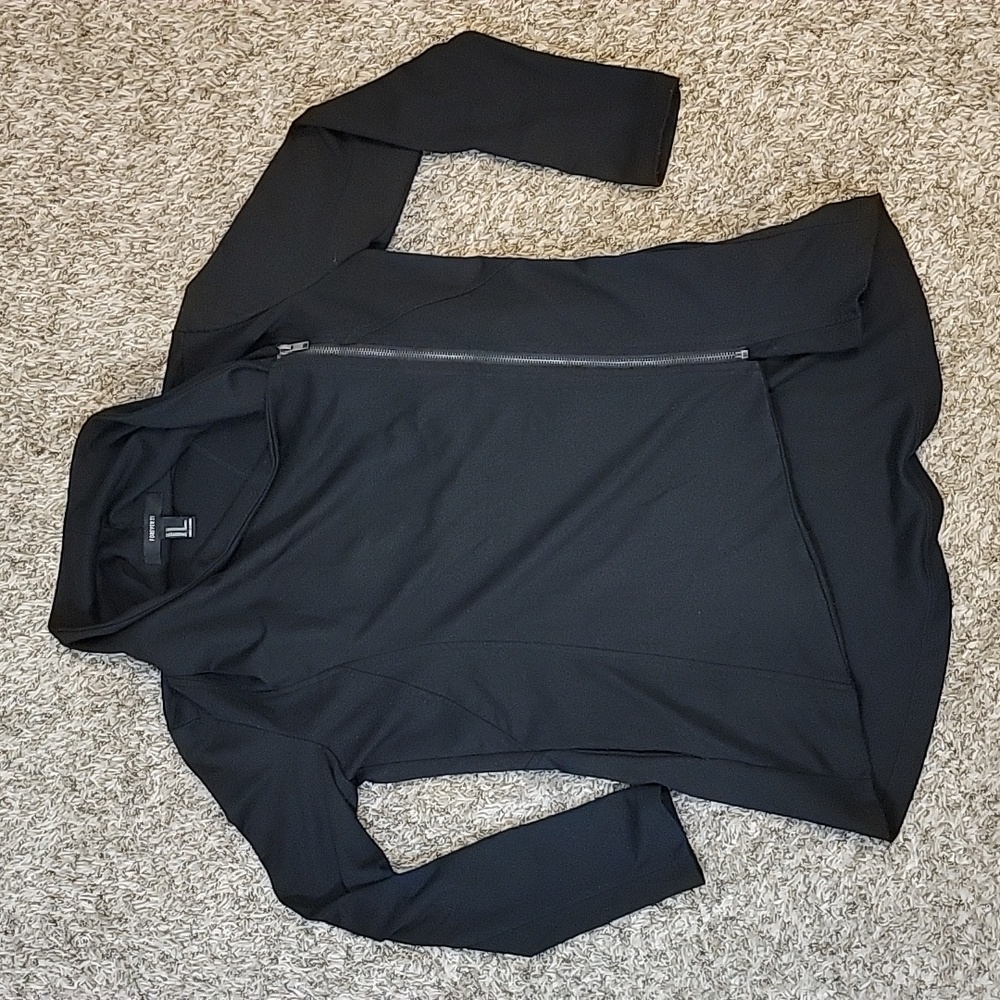 Black sweater, zip cardigan with cowl neck and pockets